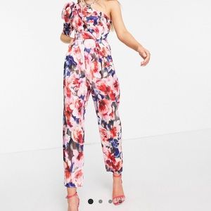 ASOS design one shoulder puff sleeve jumpsuit. Worn but like new